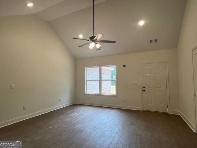 189 Warner Rd, Barnesville, GA 30204 - unfurnished living room featuring vaulted ceiling, dark wood-style floors, a ceiling fan, baseboards, and recessed lighting