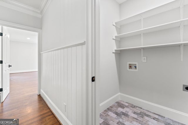 590 Arthur Rd, Canton, GA 30115 - laundry room with electric dryer hookup, crown molding, hookup for a washing machine, and dark wood-style flooring