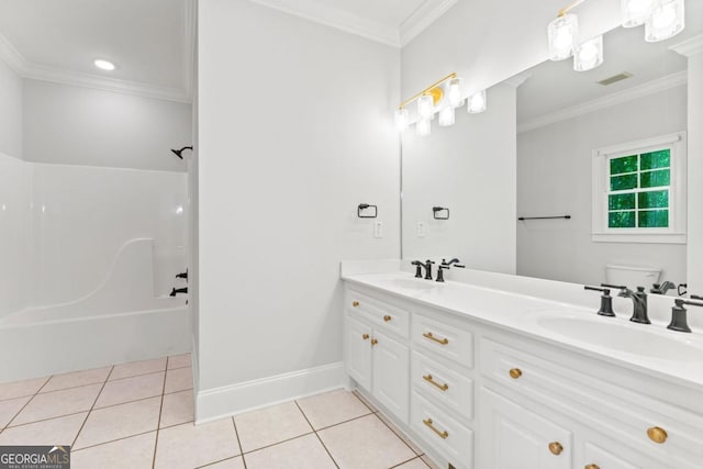 590 Arthur Rd, Canton, GA 30115 - full bathroom featuring double vanity, tile patterned floors, ornamental molding, and shower / bath combination