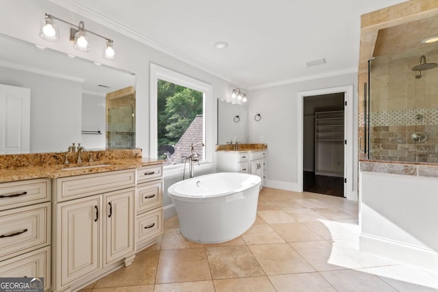 590 Arthur Rd, Canton, GA 30115 - bathroom with a shower stall, two vanities, ornamental molding, a freestanding bath, and tile patterned flooring