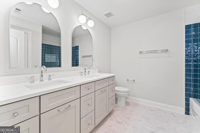 590 Arthur Rd, Canton, GA 30115 - bathroom featuring marble finish floors, double vanity, and bathing tub / shower combination
