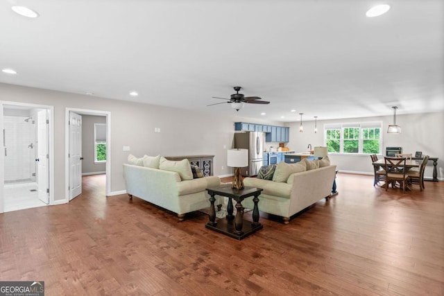 590 Arthur Rd, Canton, GA 30115 - living area featuring recessed lighting, ceiling fan, and dark wood finished floors