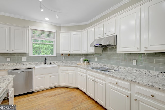 165 Hidden Lake Dr, Fayetteville, GA 30215 - kitchen with dishwasher, under cabinet range hood, a sink, white electric stovetop, and white cabinetry