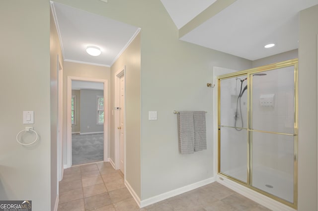 165 Hidden Lake Dr, Fayetteville, GA 30215 - full bath with a shower with shower door, baseboards, ornamental molding, and tile patterned floors