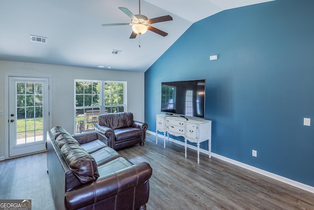 104 Johansen Way, Kingsland, GA 31548 - living room featuring a ceiling fan, wood finished floors, and high vaulted ceiling