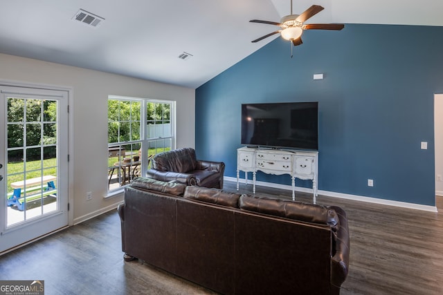 104 Johansen Way, Kingsland, GA 31548 - living room with a ceiling fan, wood finished floors, and high vaulted ceiling