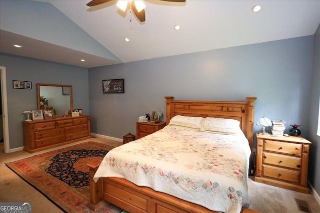 236 Hiram Sudie Rd, Dallas, GA 30157 - carpeted bedroom featuring lofted ceiling, recessed lighting, baseboards, and a ceiling fan