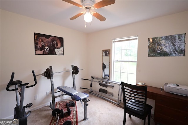 236 Hiram Sudie Rd, Dallas, GA 30157 - workout area featuring carpet, a ceiling fan, and baseboards