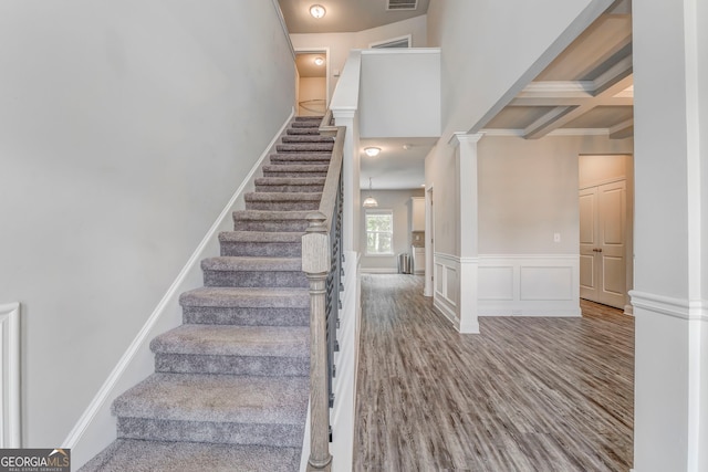 31 Blarneystone Way, Adairsville, GA 30103 - stairway with beam ceiling, wood finished floors, coffered ceiling, wainscoting, and crown molding