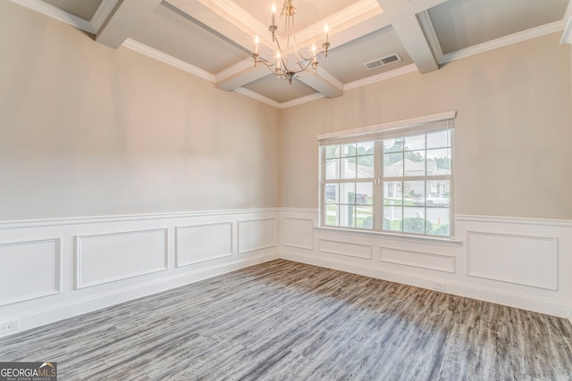 31 Blarneystone Way, Adairsville, GA 30103 - empty room featuring a chandelier, beam ceiling, coffered ceiling, wood finished floors, and wainscoting