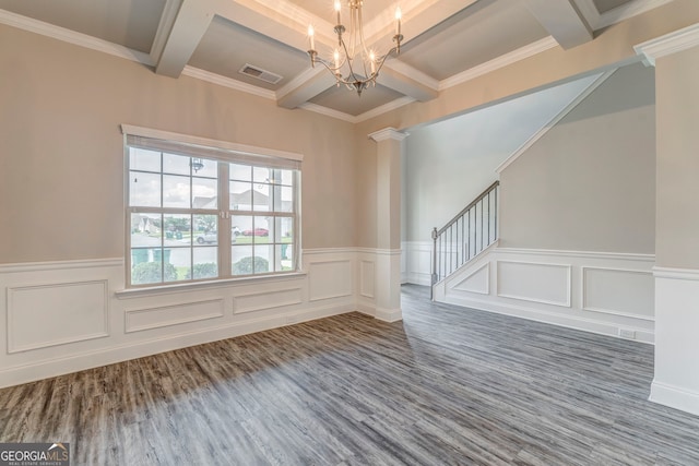 31 Blarneystone Way, Adairsville, GA 30103 - empty room featuring beam ceiling, decorative columns, wood finished floors, a chandelier, and a wainscoted wall