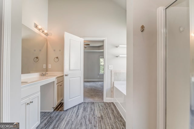 31 Blarneystone Way, Adairsville, GA 30103 - bathroom with vanity, a garden tub, wood finished floors, baseboards, and a shower with door