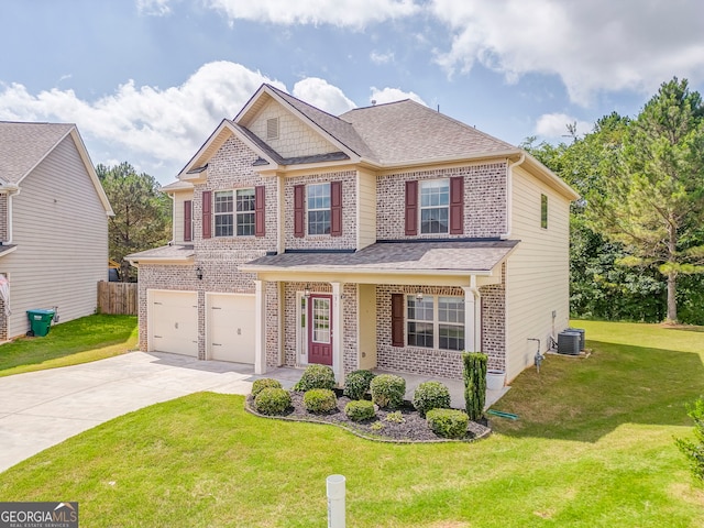 31 Blarneystone Way, Adairsville, GA 30103 - view of front of house with driveway, a garage, central AC unit, brick siding, and covered porch