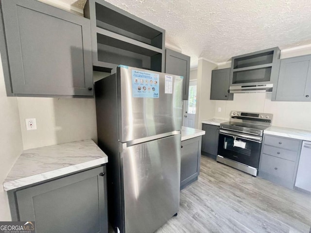 429 Avant Rd, Eatonton, GA 31024 - kitchen with appliances with stainless steel finishes, gray cabinetry, under cabinet range hood, light wood finished floors, and a textured ceiling