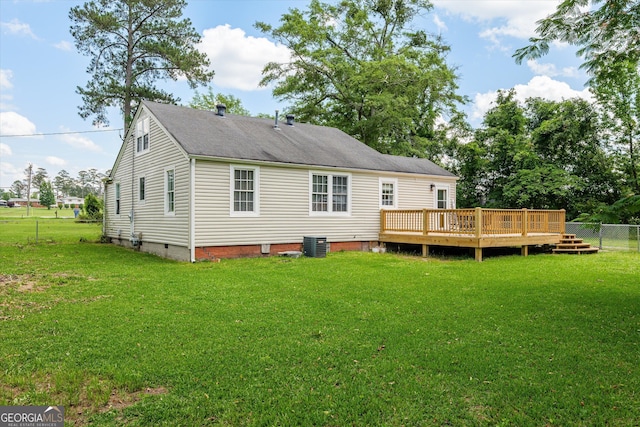1055 Wrens Hwy, Thomson, GA 30824 - rear view of house featuring crawl space, a wooden deck, central air condition unit, and roof with shingles