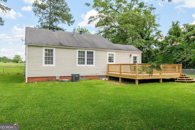 1055 Wrens Hwy, Thomson, GA 30824 - rear view of property featuring central AC, a deck, a yard, crawl space, and a shingled roof