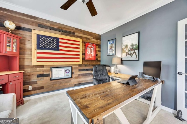 320 Ironhill Trce, Woodstock, GA 30189 - office featuring wooden walls, carpet flooring, a ceiling fan, crown molding, and baseboards