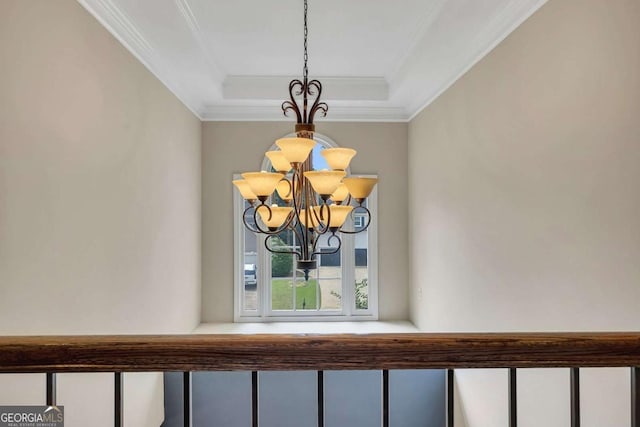 320 Ironhill Trce, Woodstock, GA 30189 - detailed view of crown molding, a chandelier, and a raised ceiling