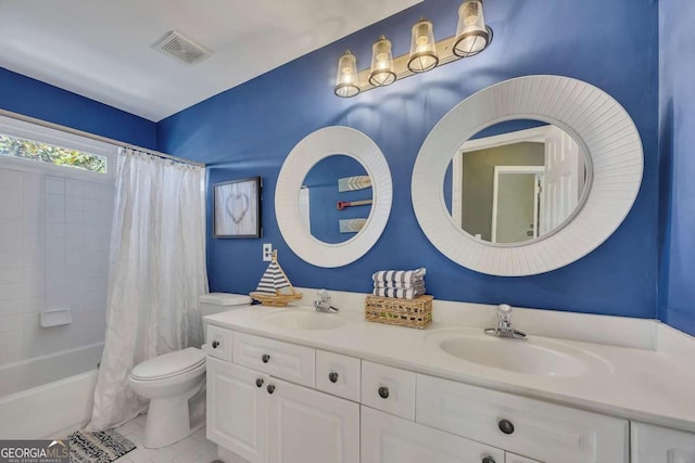 320 Ironhill Trce, Woodstock, GA 30189 - full bath with double vanity, toilet, shower / bath combo with shower curtain, and tile patterned flooring