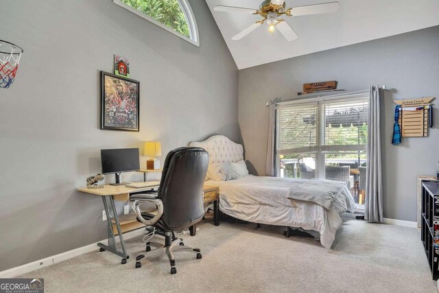 320 Ironhill Trce, Woodstock, GA 30189 - bedroom featuring high vaulted ceiling, multiple windows, carpet flooring, an office area, and baseboards