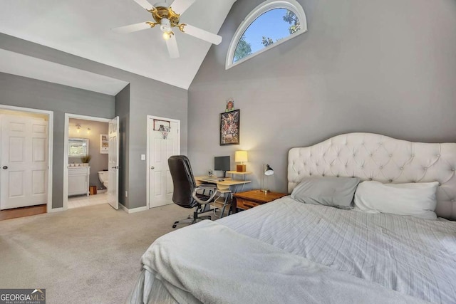 320 Ironhill Trce, Woodstock, GA 30189 - bedroom featuring high vaulted ceiling, light colored carpet, baseboards, ensuite bathroom, and ceiling fan