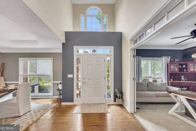 320 Ironhill Trce, Woodstock, GA 30189 - foyer featuring wood finished floors, healthy amount of natural light, crown molding, a ceiling fan, and baseboards