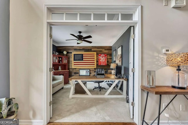 320 Ironhill Trce, Woodstock, GA 30189 - carpeted office space featuring crown molding, ceiling fan, and wood walls