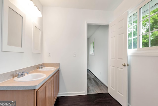 243 Mulkey Rd, Demorest, GA 30535 - bathroom featuring plenty of natural light, double vanity, wood finished floors, and baseboards