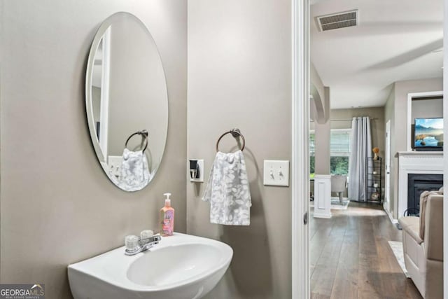 2910 Cross Creek Dr, Cumming, GA 30040 - bathroom with a sink, hardwood / wood-style floors, and a fireplace