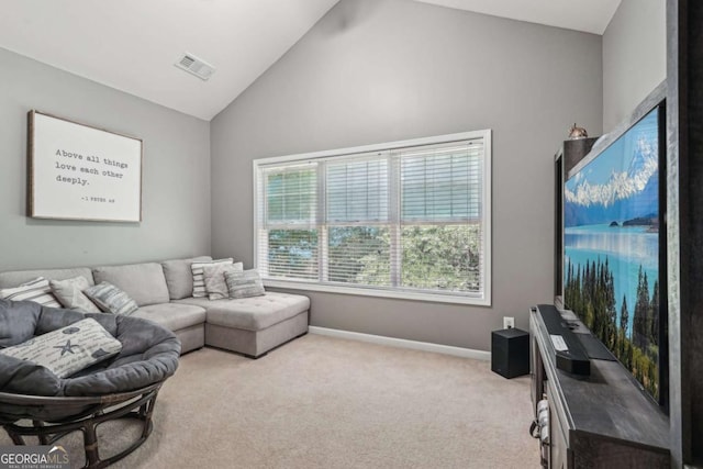 2910 Cross Creek Dr, Cumming, GA 30040 - living area with light colored carpet, baseboards, and high vaulted ceiling