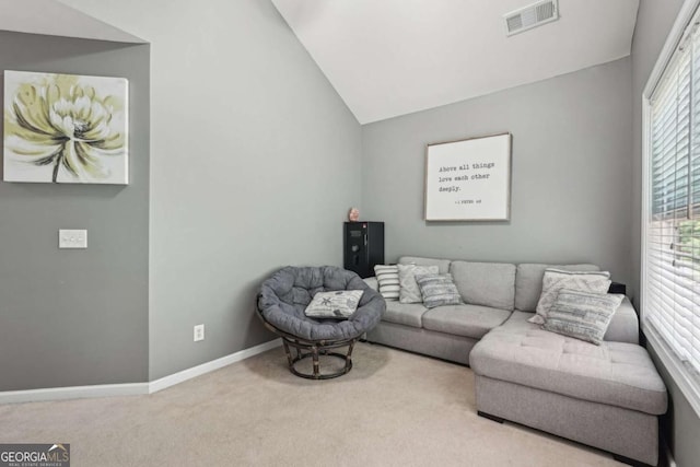 2910 Cross Creek Dr, Cumming, GA 30040 - living room featuring carpet flooring, lofted ceiling, and baseboards