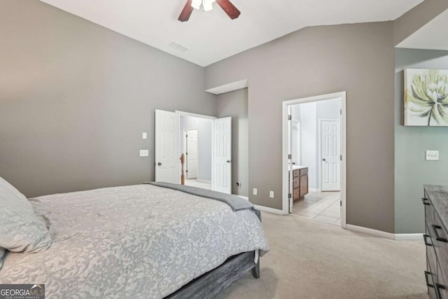 2910 Cross Creek Dr, Cumming, GA 30040 - bedroom featuring light carpet, high vaulted ceiling, baseboards, connected bathroom, and ceiling fan