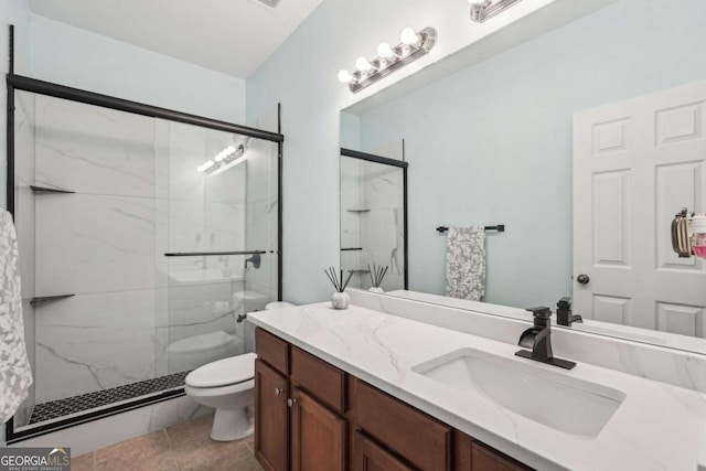 2910 Cross Creek Dr, Cumming, GA 30040 - bathroom featuring toilet, a marble finish shower, vanity, and tile patterned floors