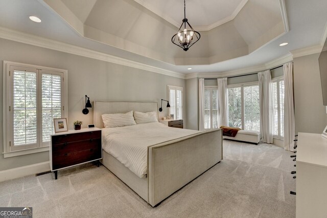 7920 Tintern Trce Unit 298, Duluth, GA 30097 - bedroom with light carpet, multiple windows, a chandelier, ornamental molding, and recessed lighting