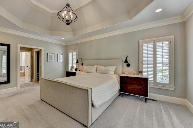 7920 Tintern Trce Unit 298, Duluth, GA 30097 - bedroom with carpet floors, a chandelier, baseboards, ornamental molding, and a raised ceiling