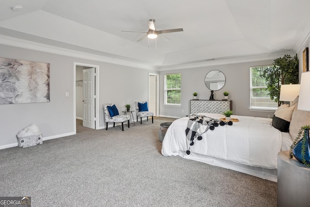 2840 Brookford Ln SW, South Fulton, GA 30331 - carpeted bedroom featuring a raised ceiling, crown molding, baseboards, and a ceiling fan