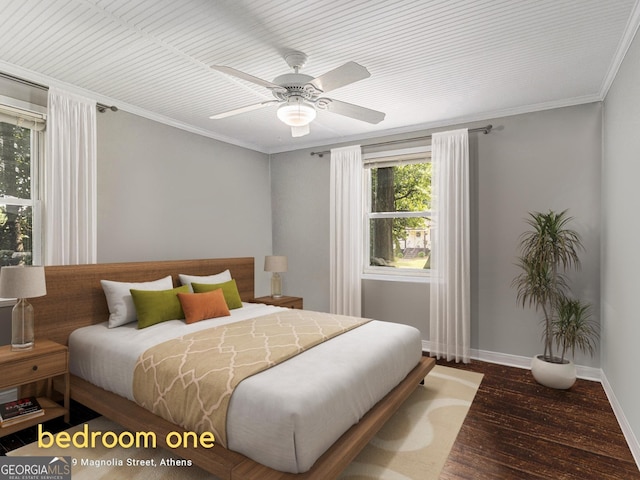 269 Magnolia St, Athens, GA 30606 - bedroom with wood finished floors, ornamental molding, and ceiling fan