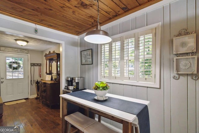6551 Bermuda Ln, Flowery Branch, GA 30542 - dining space with wood ceiling and dark wood-type flooring