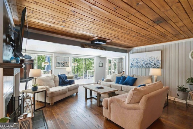 6551 Bermuda Ln, Flowery Branch, GA 30542 - living area featuring wood ceiling, dark wood-style floors, and wood walls