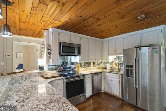 6551 Bermuda Ln, Flowery Branch, GA 30542 - kitchen featuring stainless steel appliances, wood ceiling, light stone counters, white cabinetry, and dark wood finished floors