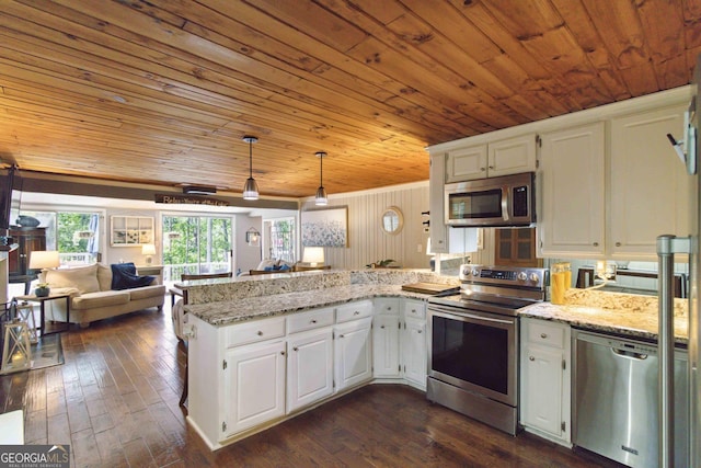 6551 Bermuda Ln, Flowery Branch, GA 30542 - kitchen featuring appliances with stainless steel finishes, wooden ceiling, open floor plan, a peninsula, and white cabinetry
