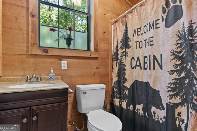 382 Highland Rd, Ellijay, GA 30540 - bathroom with wooden walls, vanity, toilet, and curtained shower