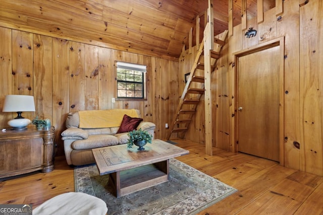382 Highland Rd, Ellijay, GA 30540 - living area featuring stairway, wood walls, hardwood / wood-style floors, lofted ceiling, and wood ceiling