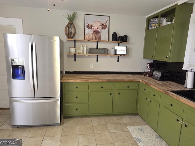 142 Griffin Dr, Carrollton, GA 30117 - kitchen featuring stainless steel fridge with ice dispenser, open shelves, wood counters, and light tile patterned flooring