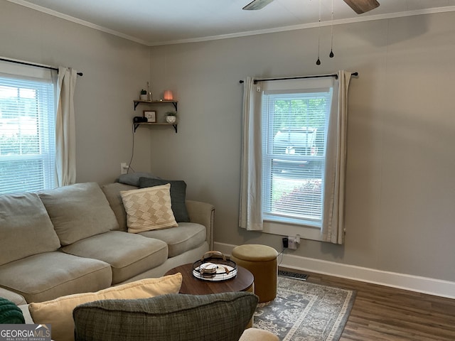 574 Lakeview Dr, Gainesville, GA 30501 - living room with dark wood-style floors, baseboards, ornamental molding, and a ceiling fan
