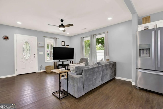 717 Morningside Dr, Dalton, GA 30721 - living room featuring a ceiling fan, dark wood-style flooring, and recessed lighting