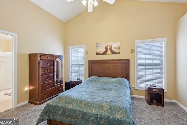 198 Lake Cv, Approach, Newnan, GA 30265 - bedroom featuring carpet flooring, high vaulted ceiling, baseboards, and a ceiling fan