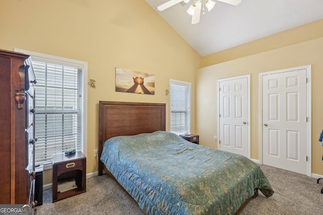 198 Lake Cv, Approach, Newnan, GA 30265 - bedroom with carpet floors, high vaulted ceiling, baseboards, and ceiling fan