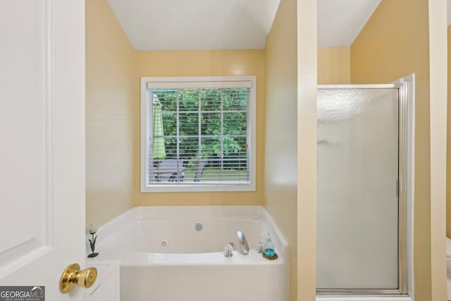 198 Lake Cv, Approach, Newnan, GA 30265 - full bathroom featuring a stall shower, a jetted tub, toilet, and a textured ceiling