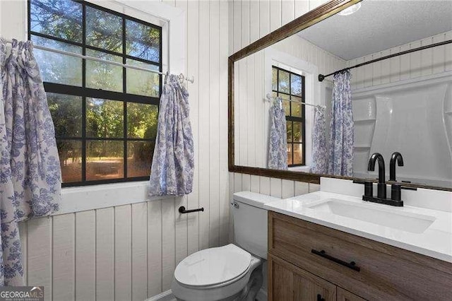 374 Dooley Rd, Dallas, GA 30132 - full bath with vanity, toilet, plenty of natural light, and wood walls